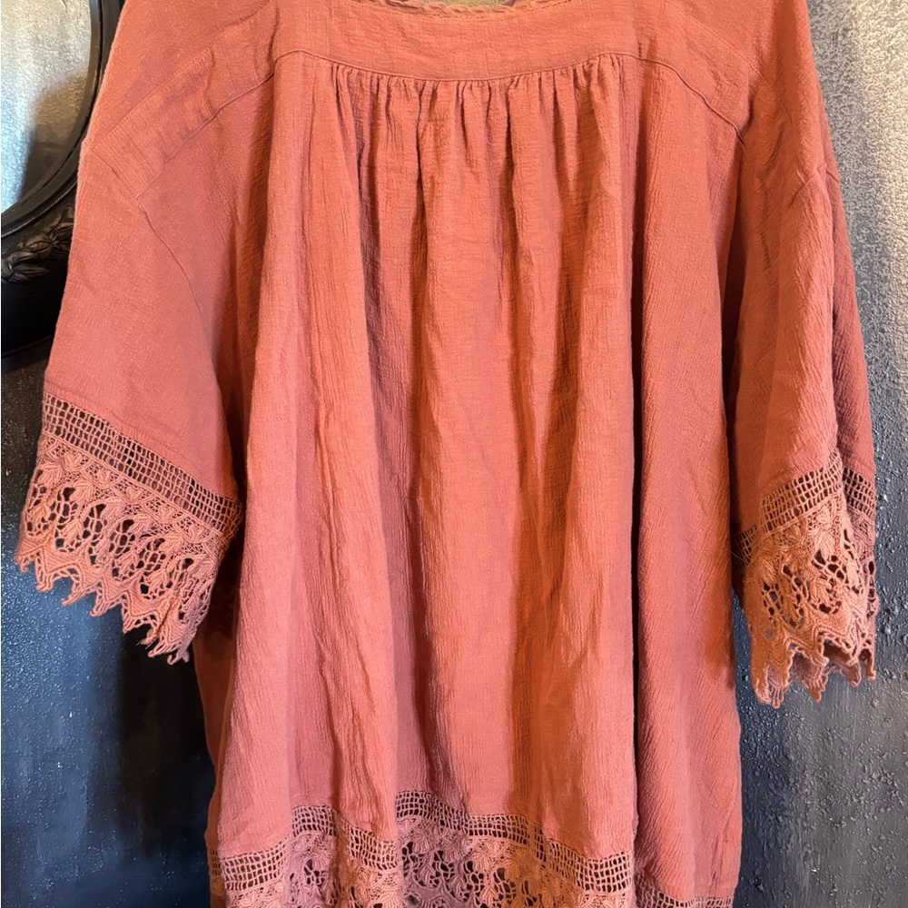 Free People Crochet-Trim Peasant Boho Tunic - Dusty Coral size Lg